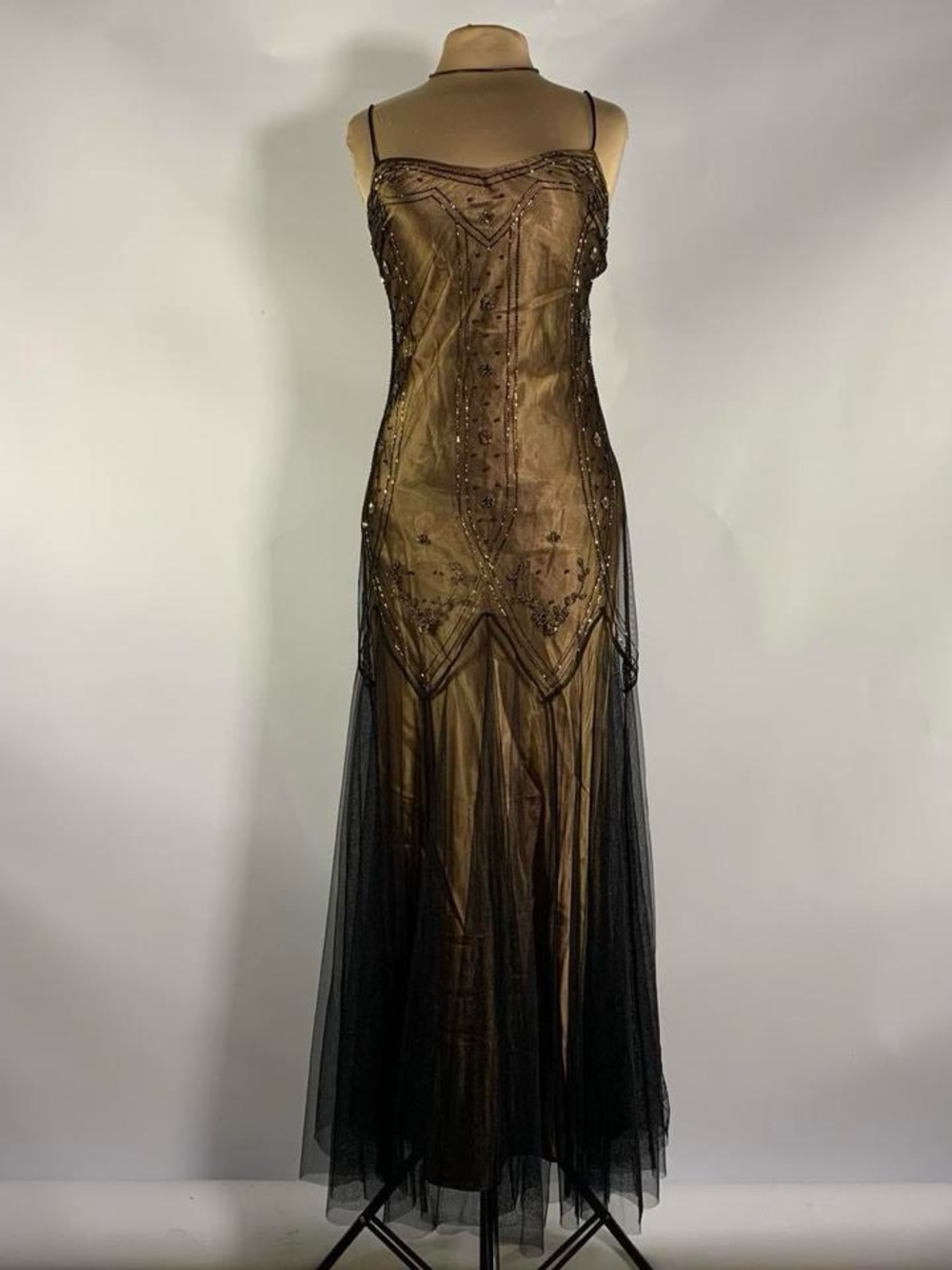 Dave & Johnny Beaded Mesh Prom Dress Maxi Gown Gold Whimsigoth Coquette Vintage